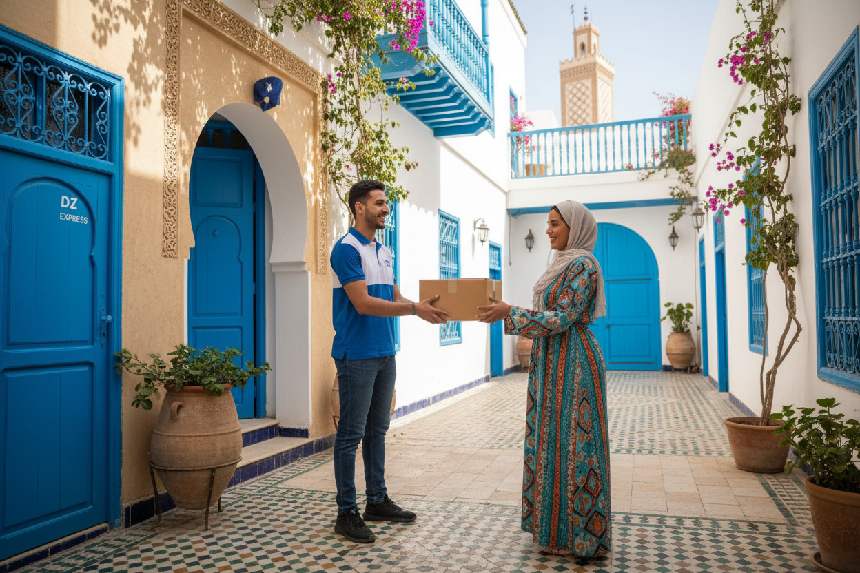 un livreur et une client qui prend sont colis je veux un stule algerien